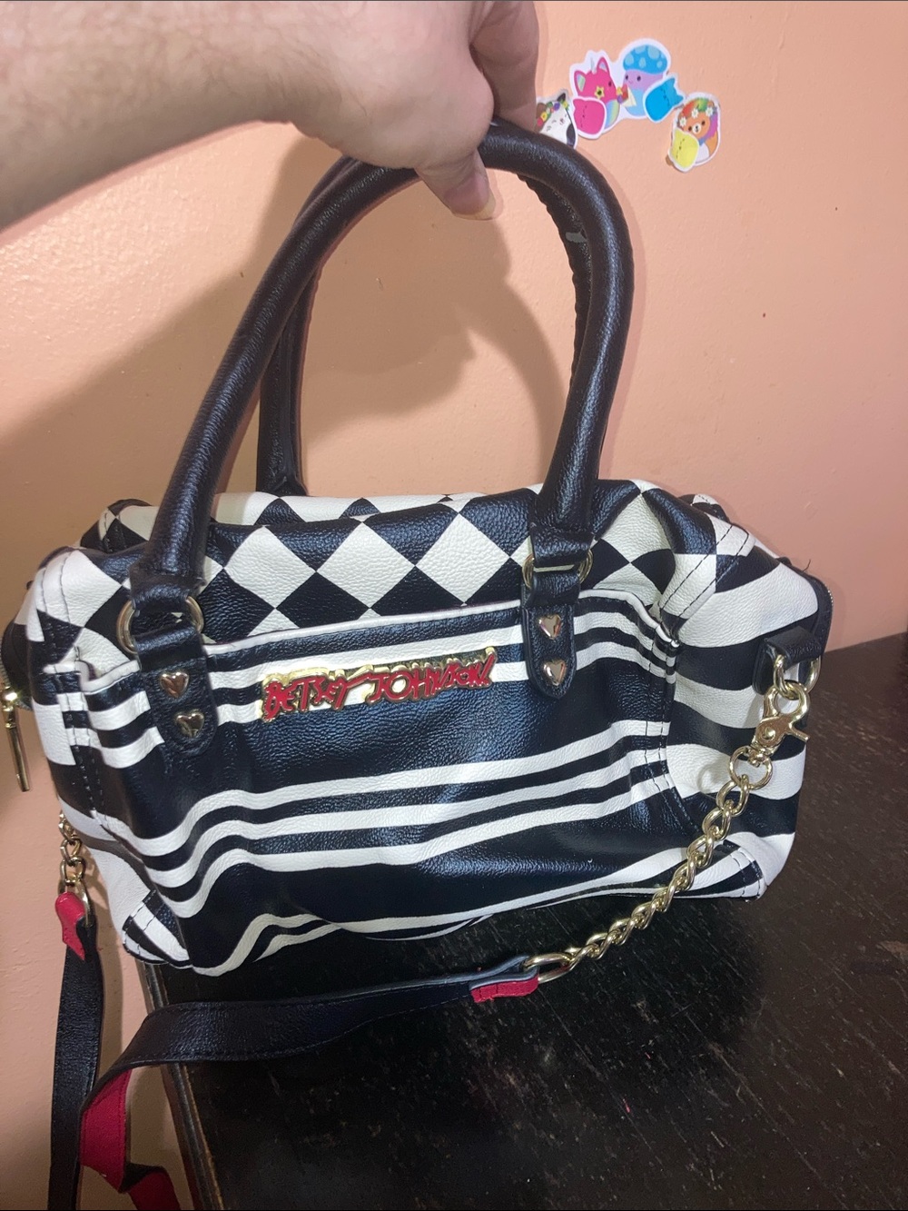 Betsey Johnson Black and White Striped Satchel with Gold Chain